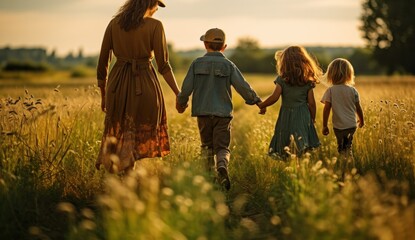 Fototapeta premium parent, meadow, family, mother, child, relaxation, journey, nature, freedom, together. background image is mother and children walk together at meadow, field of flower on sunset to relaxation.