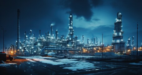 Fototapeta premium factory, background, construction industry, pipeline, construction, industry, artificial, industrial building, building, manufacture. background image is construction industry building on night sky.