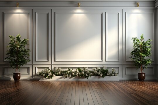 Beautiful light background mock-up for presentation with decorative white panels and decorate with hidden lighting. Parisian interior. Christmas wallpaper for photography or product showcase