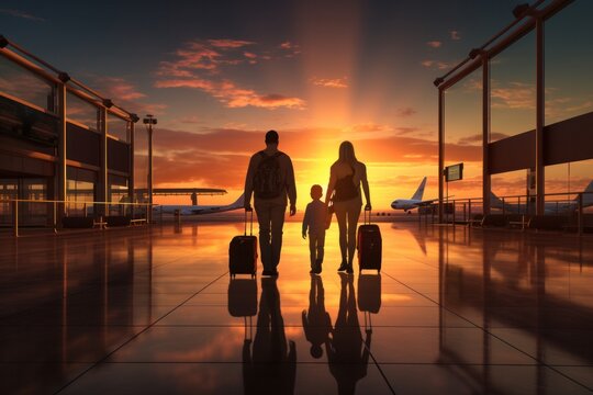 parent, airport, family, mother, child, airplane, journey, travel, freedom, together. parent and children hold on flight at airport and outside that has airplane park and fuel oil to prepare take off.