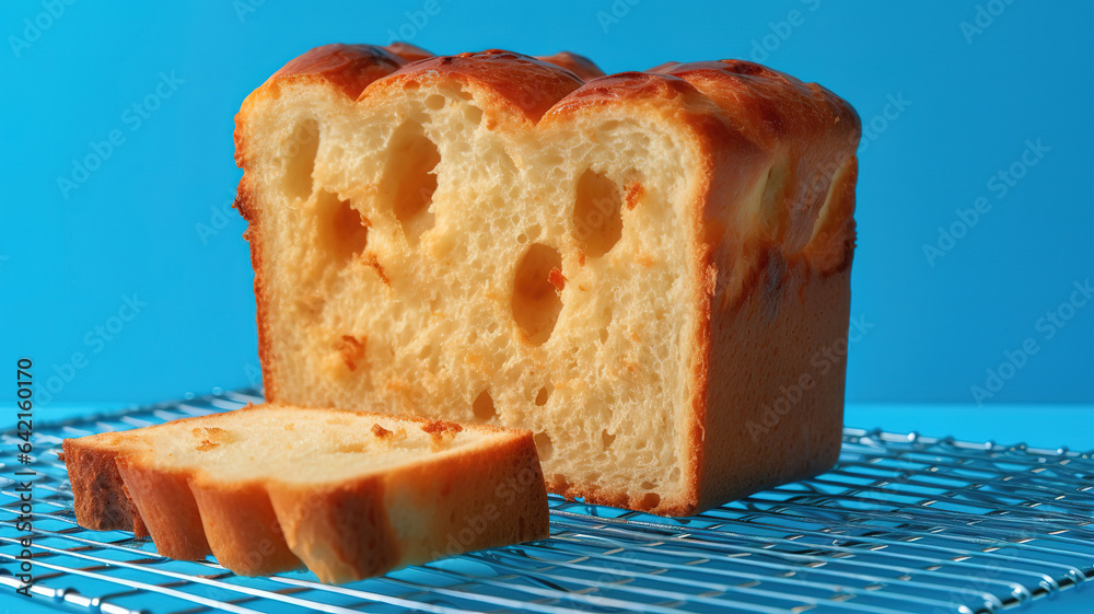 Wall mural One whole loaf of white fresh bread on a sackcloth on a blue background. Generative ai