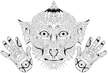 Zentangle monkey head with paws for coloring. Hand drawn decorative vector illustration