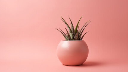Indoor houseplant succulent in pink ceramic pot on brown background. Generative ai - obrazy, fototapety, plakaty