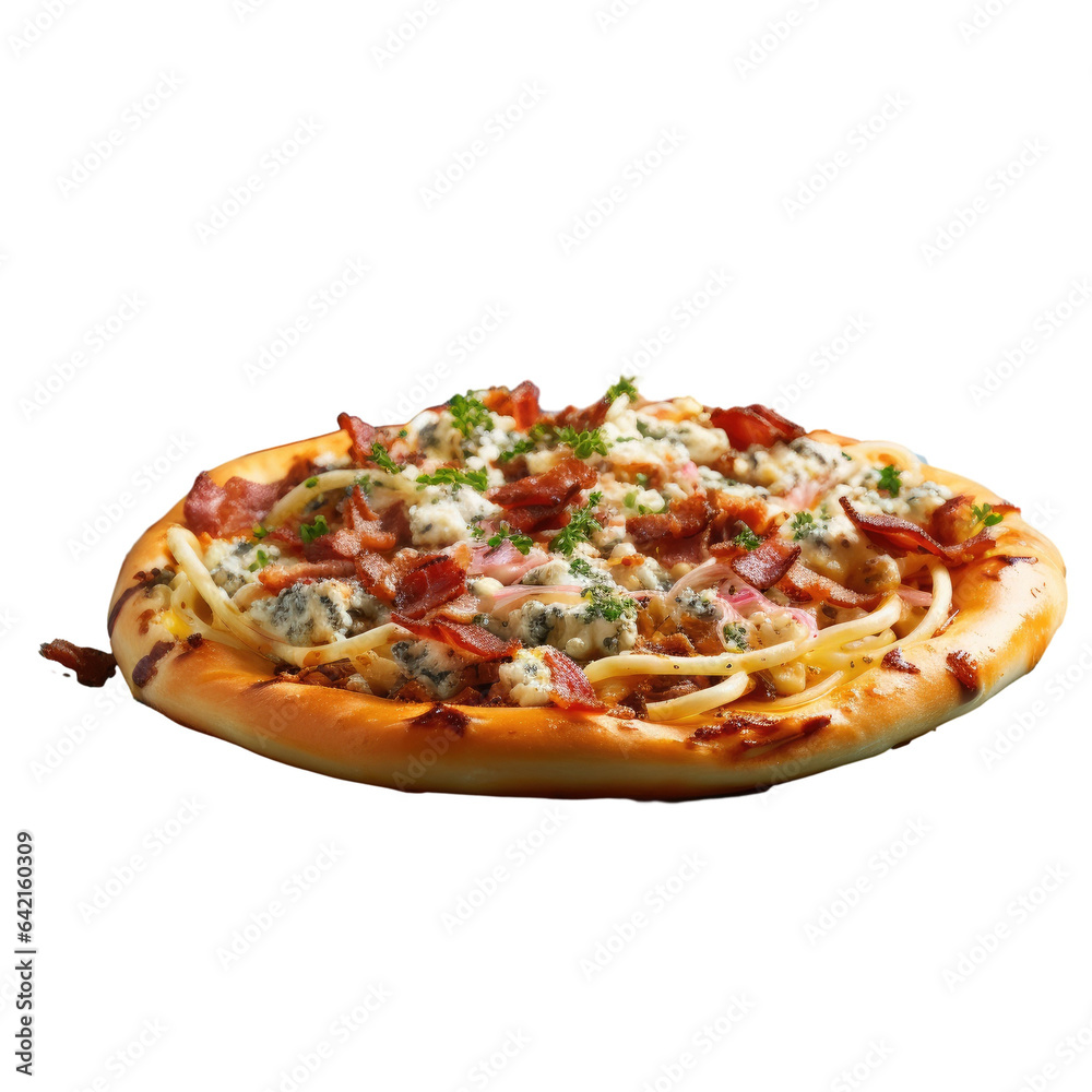 Poster italian carbonara pizza with bacon balsamic vinegar blue plates in restaurant transparent background