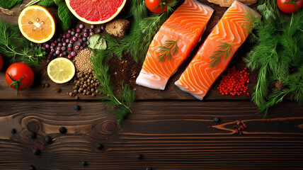 Arrangement of veggies and salmon fish. Generative ai