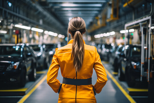 Rear View Of An Industrial Business Woman Employee In A Car Factory