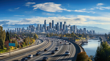busy urban highway during the midday rush hour. The city skyline serves as the background