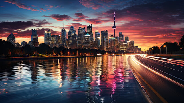 Spectacular nighttime skyline of a big modern city. Conceptual AI generated image