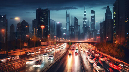 Fototapeta na wymiar Busy urban highway during the evening rush hour. The city skyline serves as the background