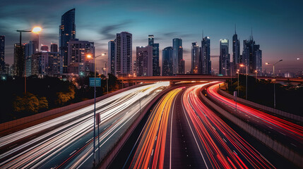 Light trails move towards the financial district. Long exposure