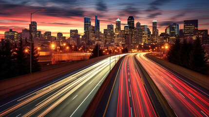 Fototapeta premium Light trails move towards the financial district. Long exposure
