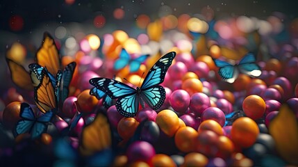 Illustration of a butterfly perched on a colorful balloon - obrazy, fototapety, plakaty