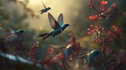 Illustration of a bird that flies and will perch on a beautiful flower - Powered by Adobe