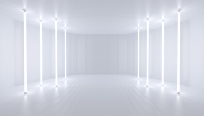 Minimalistic abstract white background stage. Neon light from lamps on walls of circular room. 3d illustration.
