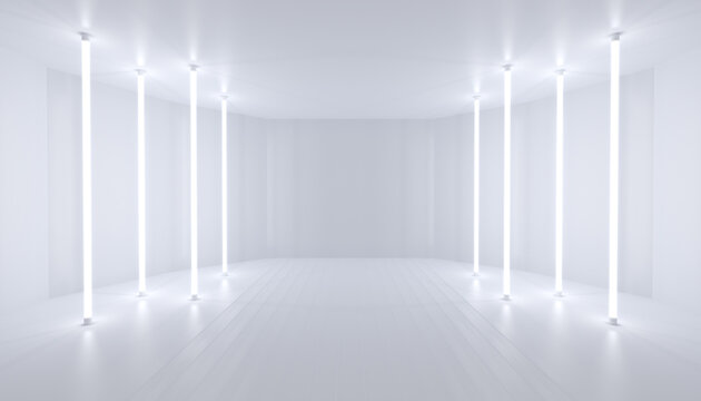 Minimalistic abstract white background stage. Neon light from lamps on walls of circular room. 3d illustration.