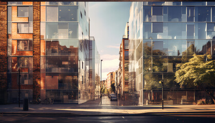 Obraz premium Residential apartment bloc with bricks, OMA Architecture, glass facade, facing the road in downtown London, photography, first-Person View, natural Light