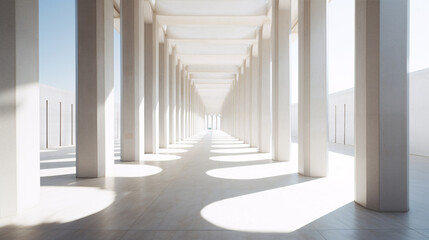 Within the confines of a modern, geometric concrete masterpiece, sunlight gracefully pierces the columns of a lengthy, white passageway..