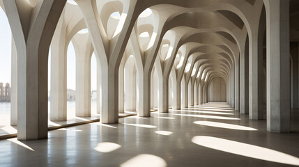 A long, white corridor in a geometric, contemporary concrete edifice is illuminated by the gentle touch of sunlight through its columns..