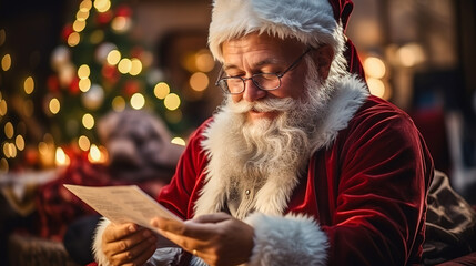 Portrait of happy Santa Claus holding Christmas letter in his hands