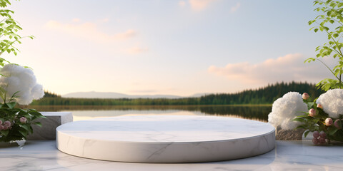 Obraz premium A 3D-rendered cosmetic product stand, set upon a white stone podium, mirroring in the water with a backdrop of lush nature leaves..