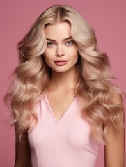 Fototapeta premium Beautiful blonde woman with long wavy shiny hair isolated on pink. Hair care concept. Ai design