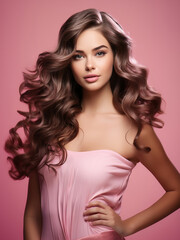 Fototapeta premium Model brunette with wavy hairstyle. Attractive young girl with shiny brown hair posing Isolated in the studio. Hair care concept. ai design