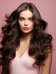 Naklejka premium Model brunette with wavy hairstyle. Attractive young girl with shiny brown hair posing Isolated in the studio. Hair care concept. ai design