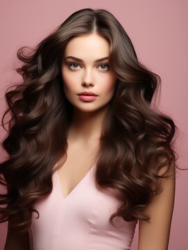 Model brunette with wavy hairstyle. Attractive young girl with shiny brown hair posing Isolated in the studio. Hair care concept. ai design