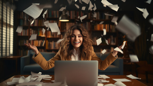 Young Happy Successful Employee, Business Woman, Corporate Lawyer, Wears A Classic Formal Suit, Glasses, Works In The Office, Throws Away Paper Bills, Celebrates Freedom From Routine Work