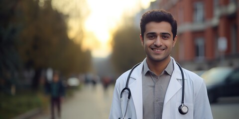 Indian Medical Student Beaming in White Coat  Waving, Generative AI