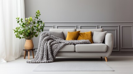 Cozy autumn winter living room interior with gray sofa and bright pillows