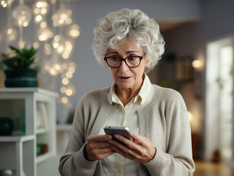 Mature caucasian woman, grandmother, elderly woman with mobile phone, sad, frustrated, worried about a mistake, online broken smartphone, bad news, puzzled by apps, technology and old