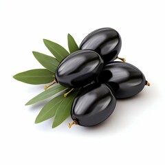 Black Olives with Fresh Leaves on White. Generative ai