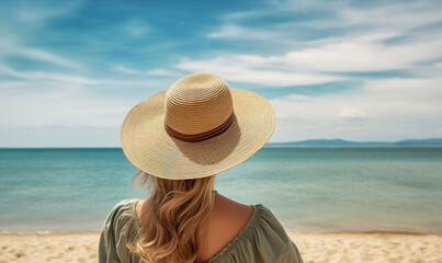 Rear view image of a woman with hat and bag looking at the sea with blue sky background. High quality photo