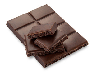 Malt chocolate bar, chocolate squares cut on bar isolated 