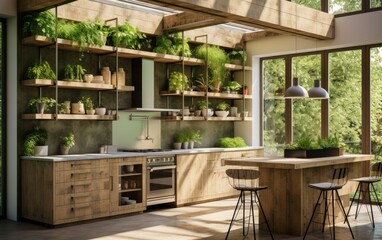 Fototapeta na wymiar Eco-friendly design kitchen with wooden cabinets and plants