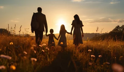 Papier Peint photo autocollant Prairie, marais parent, meadow, family, mother, child, relaxation, journey, nature, freedom, together. background image is mother and children walk together at meadow, field of flower on sunset to relaxation.