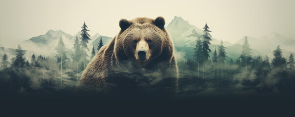 Wild brown bear design for t shirt printing. on white background. wide banner - obrazy, fototapety, plakaty