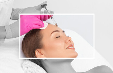Cosmetologist makes rejuvenating anti wrinkle injections on the face of a beautiful brunette woman....