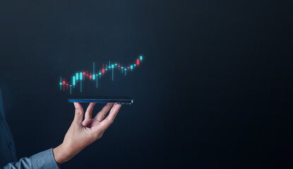 investment, graph, cryptocurrency, bitcoin, indicator, hand, investing, trader, risk, diagrams. hold smartphone via fingertips. then upper that's candlestick chart of investment cryptocurrency showing