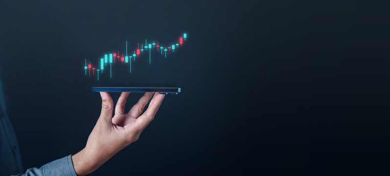 investment, graph, cryptocurrency, bitcoin, indicator, hand, investing, trader, risk, diagrams. hold smartphone via fingertips. then upper that's candlestick chart of investment cryptocurrency showing