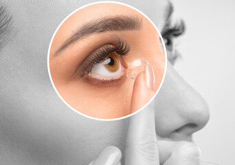 One woman holds contact lens on her finger. Eye care and the choice between the means to improve...