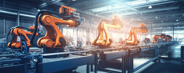 Industrial skill efficiency robotic Arms in factory. Robotics and digital manufacturing operation process.