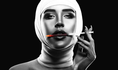 A young woman with a bandage on her head holds an injection syringe in her lips. Plastic surgery,...