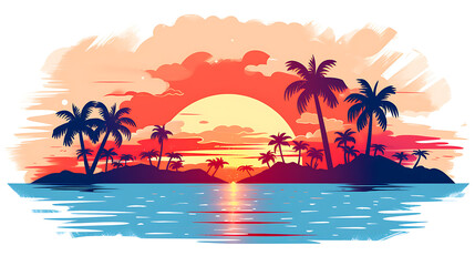 Fototapeta na wymiar Risograph, digital Illustration, of a tropical island with a romantic sunset 