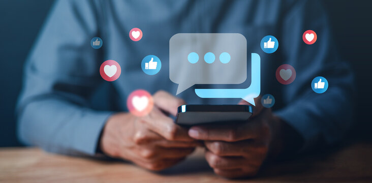 love, like, bubble, message, speech bubble, balloon, discussion, social media, shape, chat. touching smartphone for chatting and message. social network has like, love, speech bubble show around that.