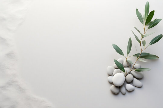 Minimalist Nature: Sage Twig And Pebble Rocks On Sand - Serene Botanical Background