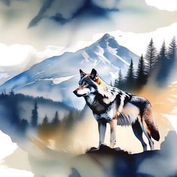 Double exposure of a wolf and a mountain, natural scenery. Watercolor. Watercolor postcard of mountains and wolf.