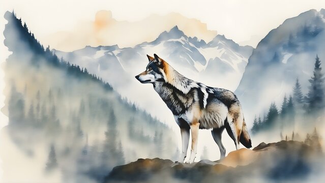 Double exposure of a wolf and a mountain, natural scenery. Watercolor. Watercolor postcard of mountains and wolf.