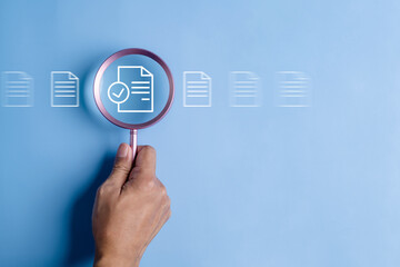 business, document, management, file, corporate, information, laptop, folder, professional, paper. close up to hand, hold magnifier to search file to management. document is important too business.